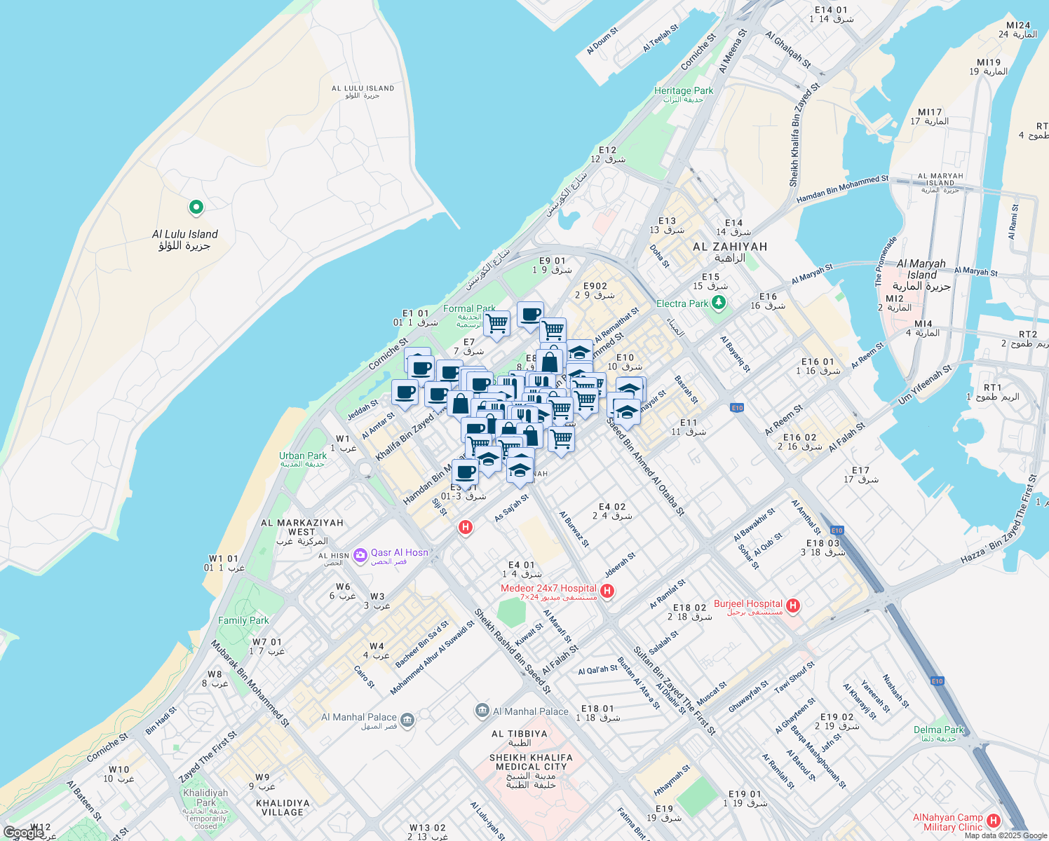 map of restaurants, bars, coffee shops, grocery stores, and more near Hamdan Bin Mohammed Street in Abu Dhabi