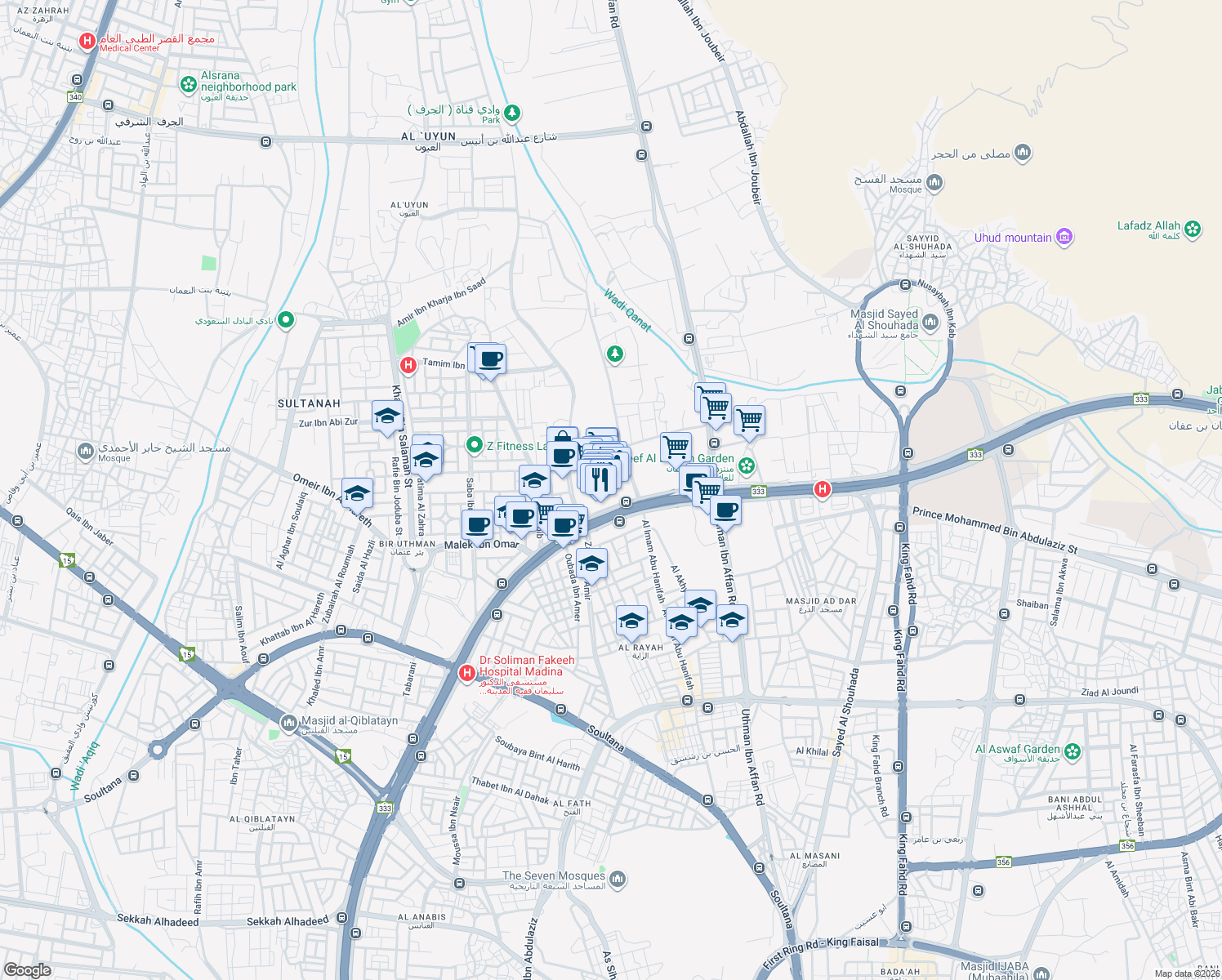 map of restaurants, bars, coffee shops, grocery stores, and more near King Abdullah Branch Road in Al-Madinah al-Munawwarah