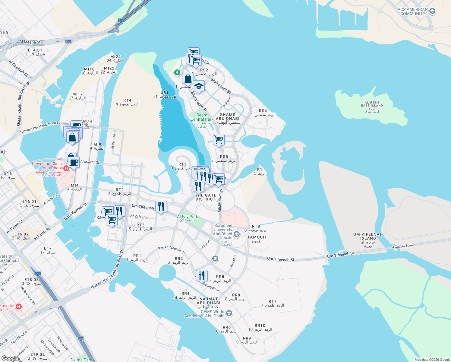 map of restaurants, bars, coffee shops, grocery stores, and more near in Abu Dhabi