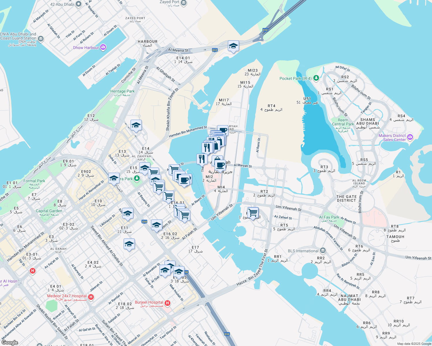 map of restaurants, bars, coffee shops, grocery stores, and more near 59 Hamouda Bin Ali Al Dhaheri Street in Abu Dhabi