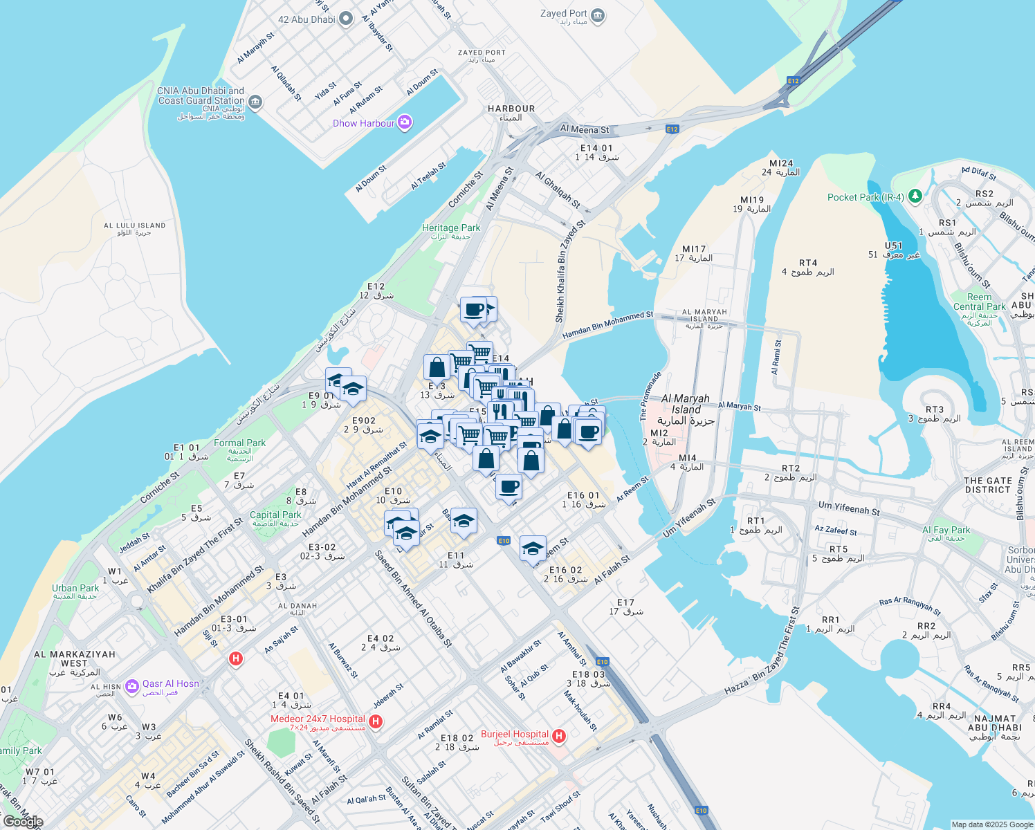 map of restaurants, bars, coffee shops, grocery stores, and more near Al Firdous Street in Abu Dhabi