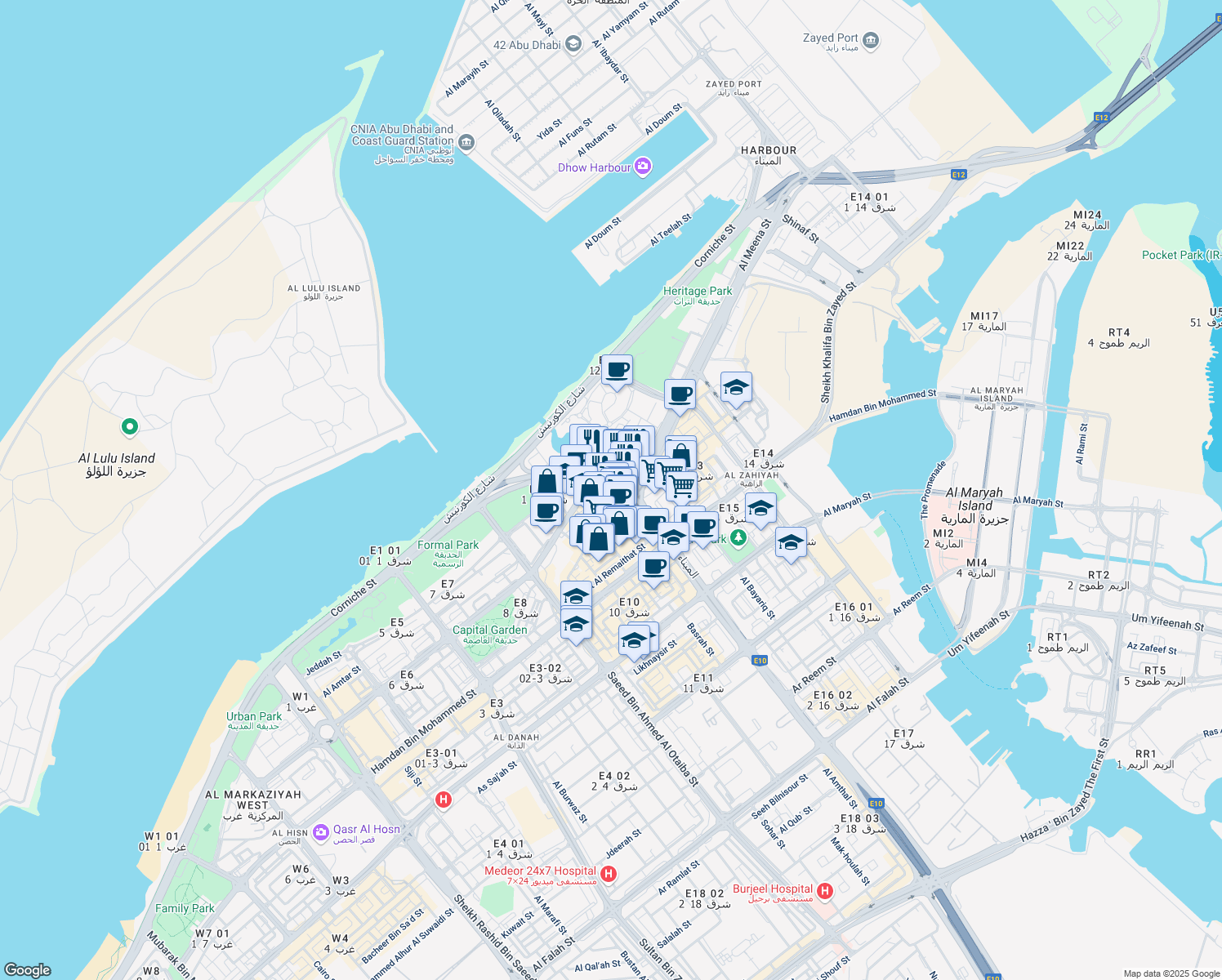 map of restaurants, bars, coffee shops, grocery stores, and more near Corniche Road East in Abu Dhabi