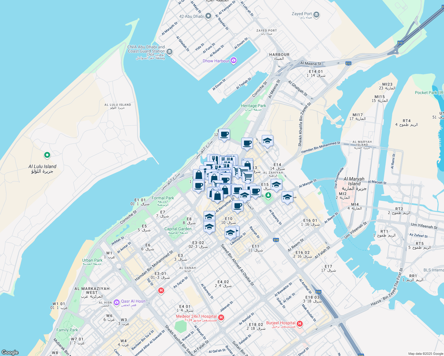 map of restaurants, bars, coffee shops, grocery stores, and more near Corniche Road East in Abu Dhabi