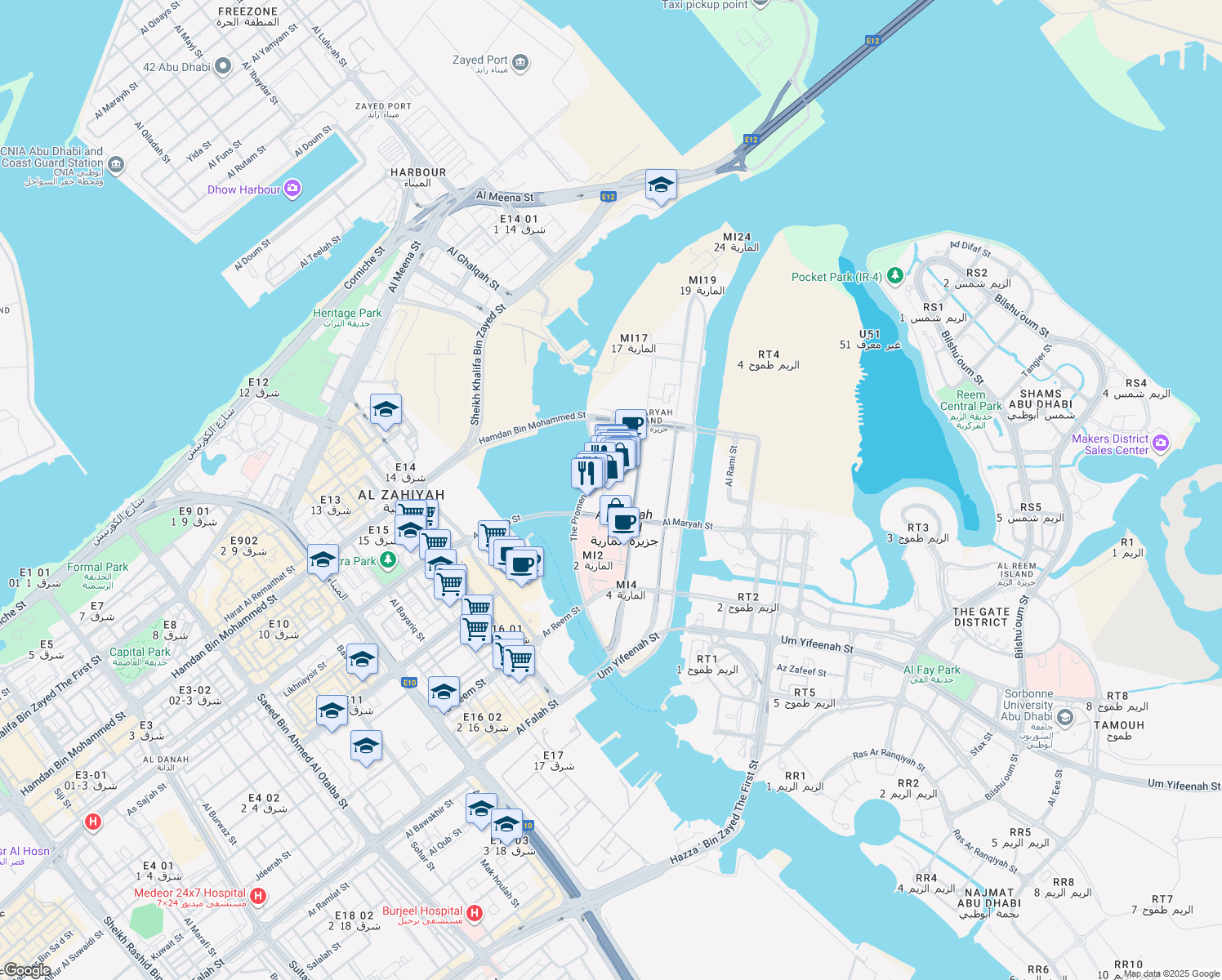 map of restaurants, bars, coffee shops, grocery stores, and more near in Abu Dhabi