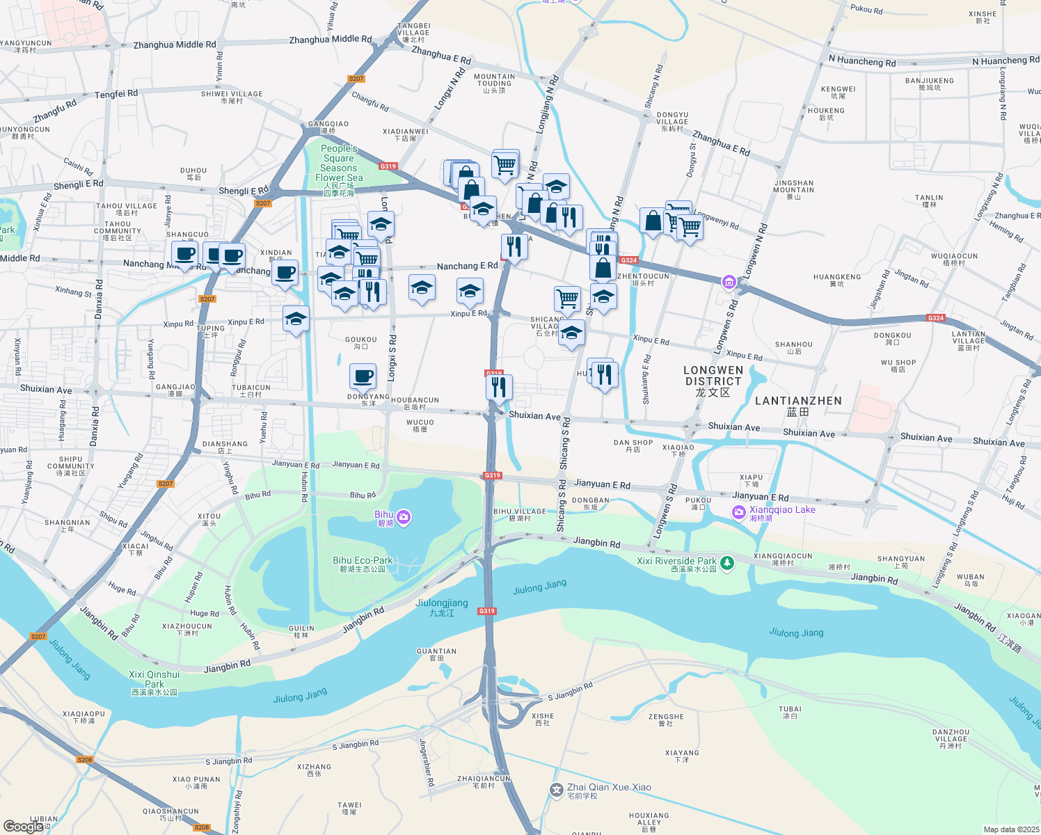 map of restaurants, bars, coffee shops, grocery stores, and more near Shui Xian Da Jie in Zhang Zhou Shi