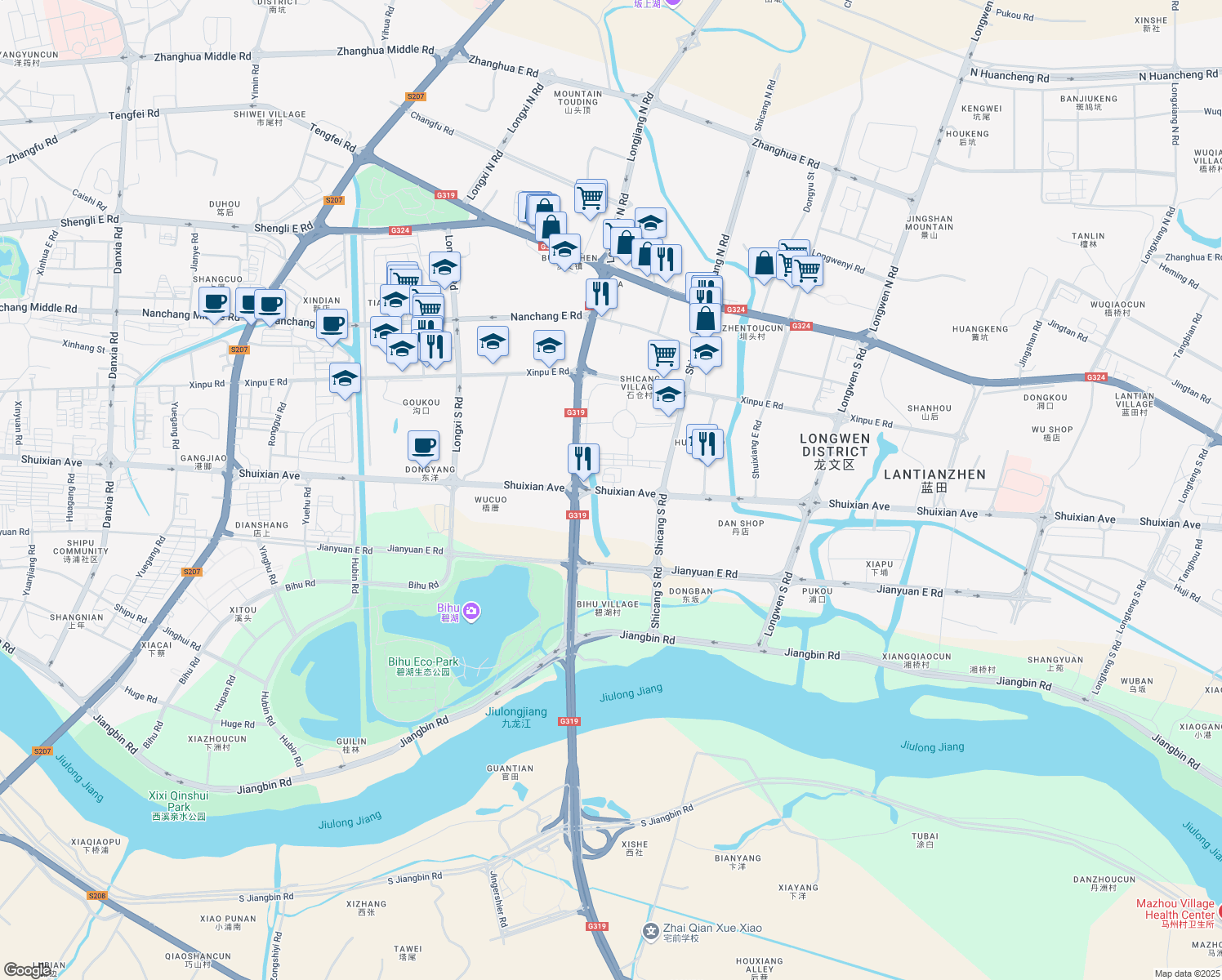 map of restaurants, bars, coffee shops, grocery stores, and more near Shui Xian Da Jie in Zhang Zhou Shi