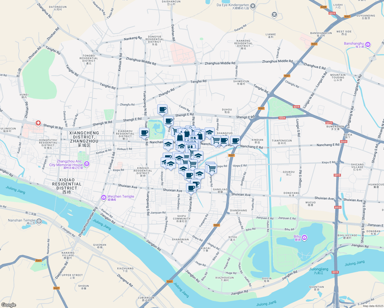 map of restaurants, bars, coffee shops, grocery stores, and more near Dan Xia Lu in Zhang Zhou Shi
