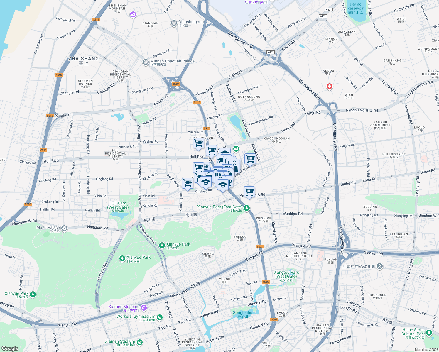map of restaurants, bars, coffee shops, grocery stores, and more near Jia He Lu in Xiamen Shi