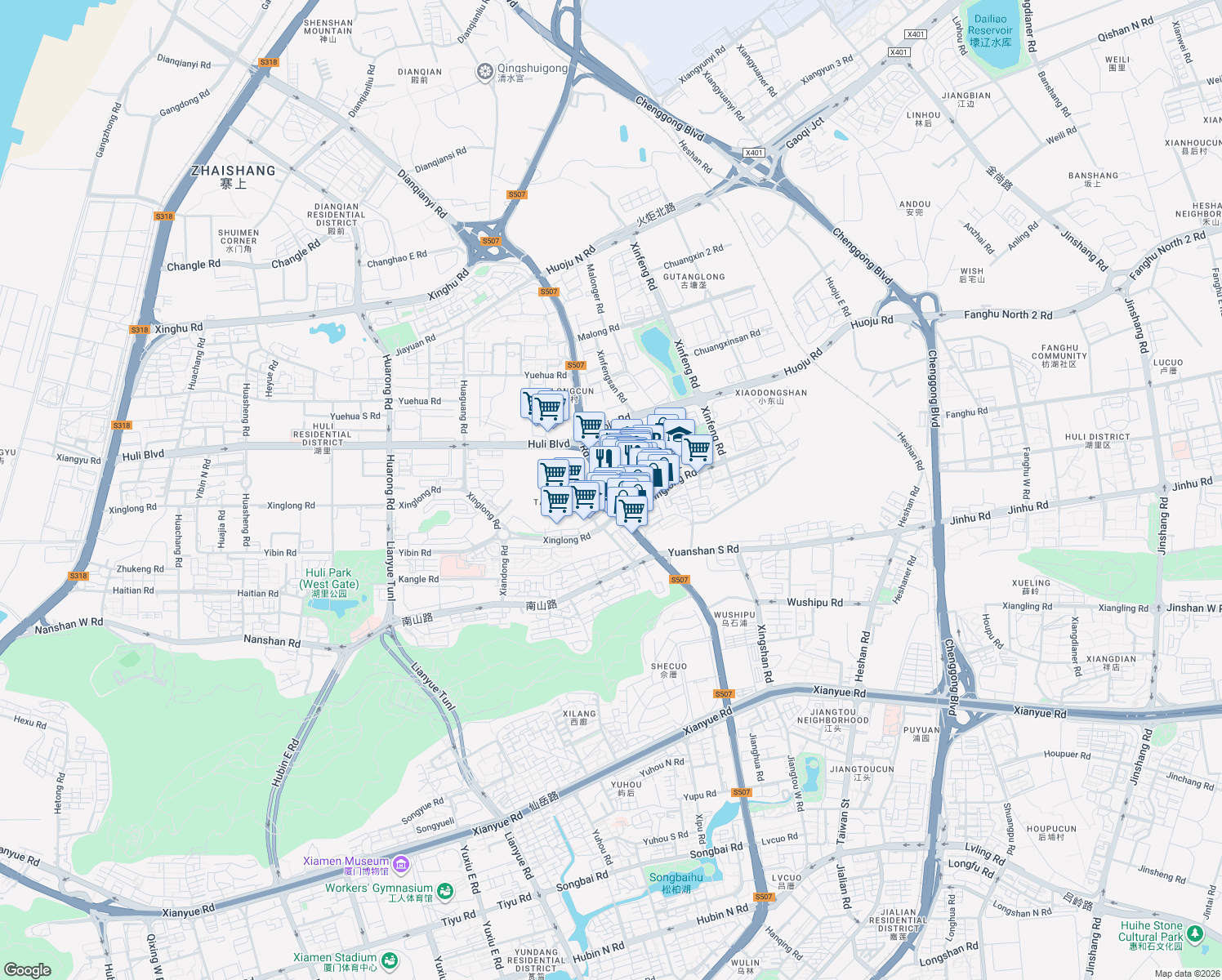 map of restaurants, bars, coffee shops, grocery stores, and more near Jia He Lu in Xiamen Shi