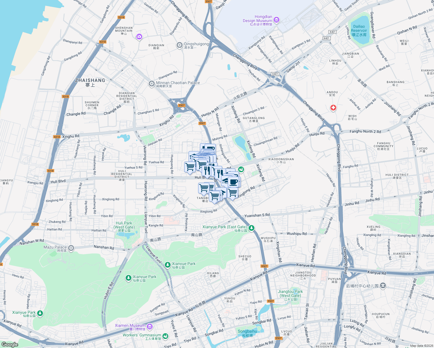 map of restaurants, bars, coffee shops, grocery stores, and more near 570号 Jiahe Road in Xiamen