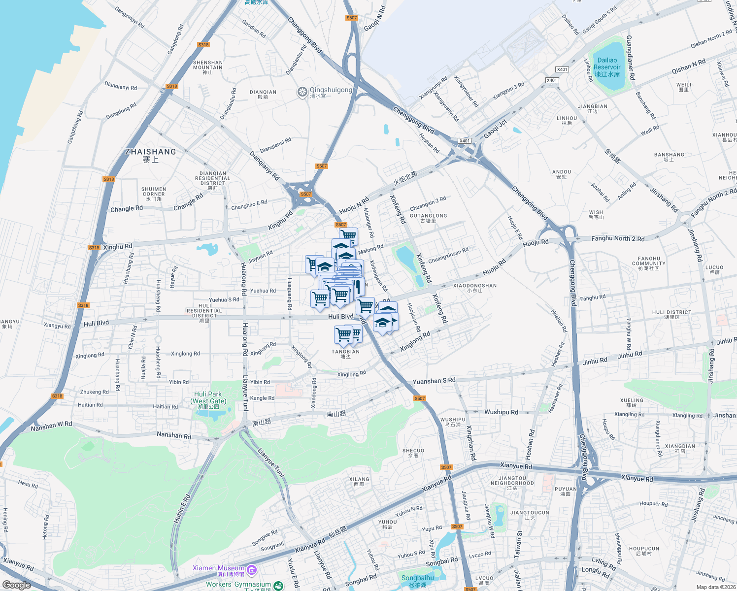 map of restaurants, bars, coffee shops, grocery stores, and more near 1 Huo Ju Lu in Xiamen Shi