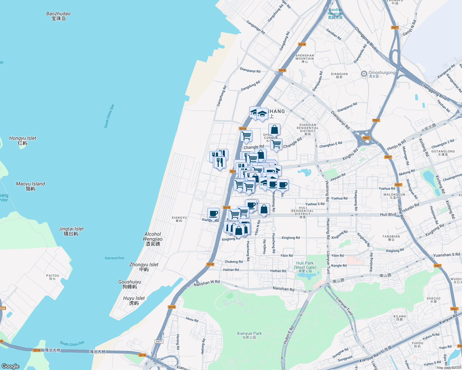 map of restaurants, bars, coffee shops, grocery stores, and more near in Xiamen Shi