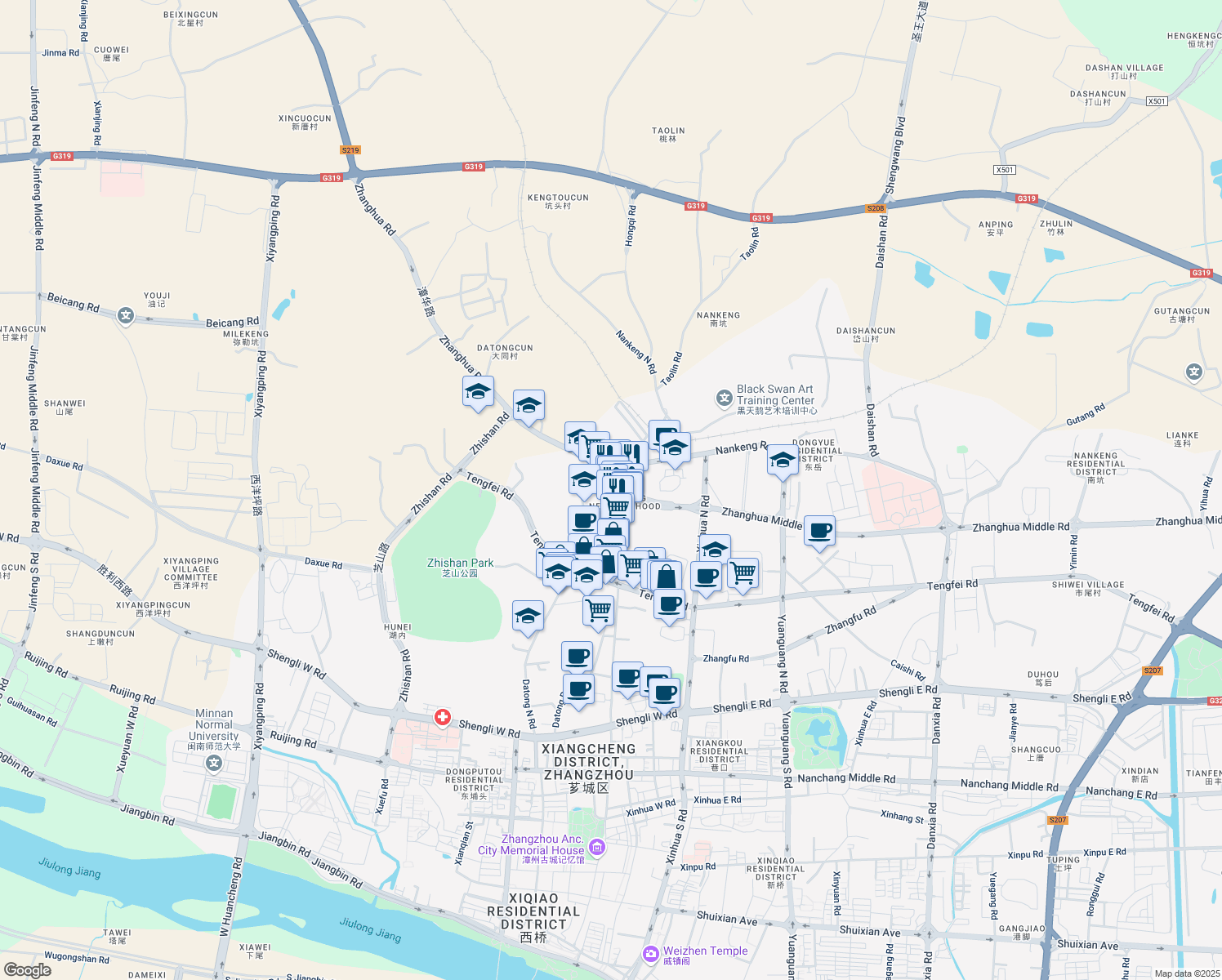 map of restaurants, bars, coffee shops, grocery stores, and more near 1-24 Zhanghua Road in Zhangzhou Shi