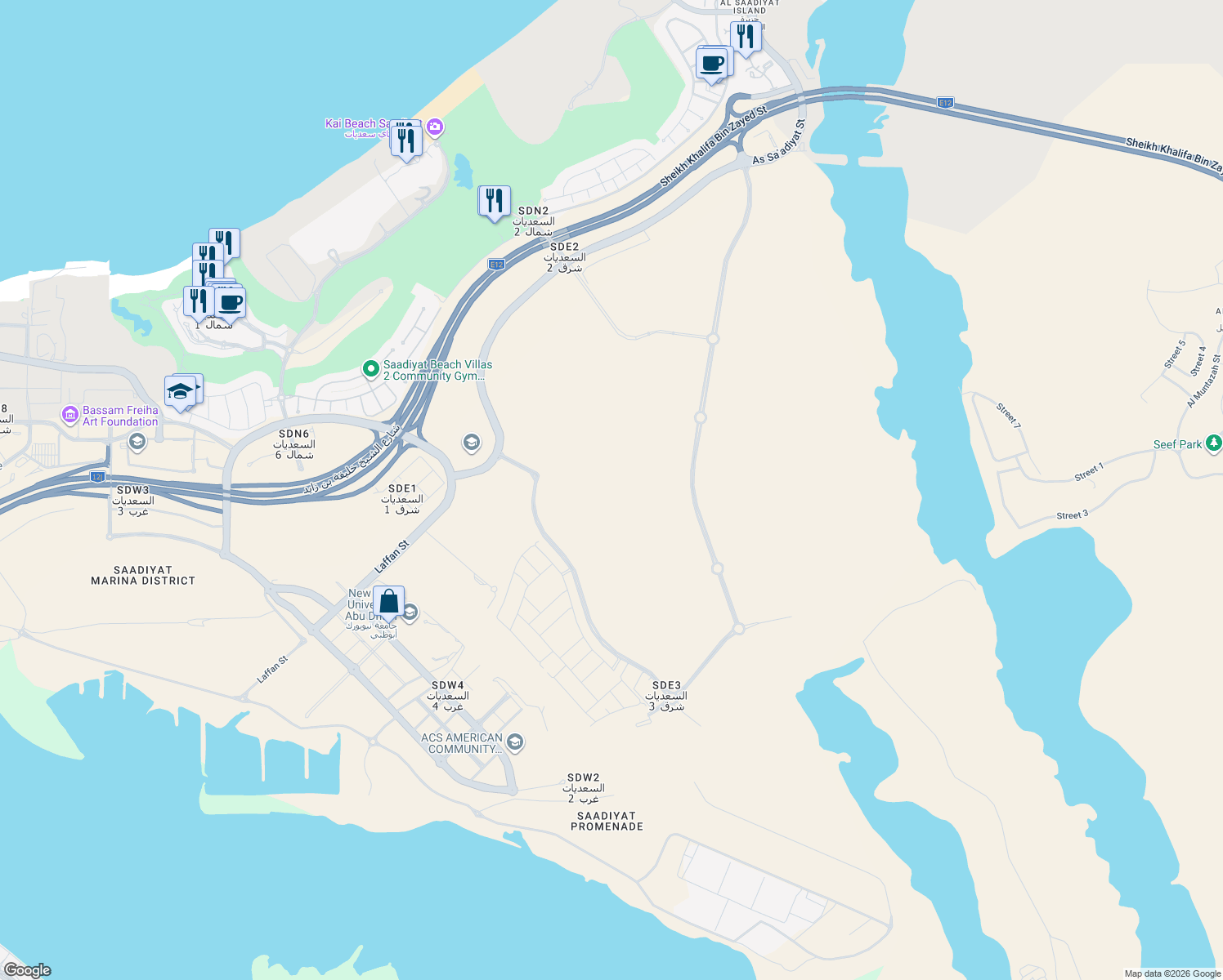 map of restaurants, bars, coffee shops, grocery stores, and more near in Abu Dhabi