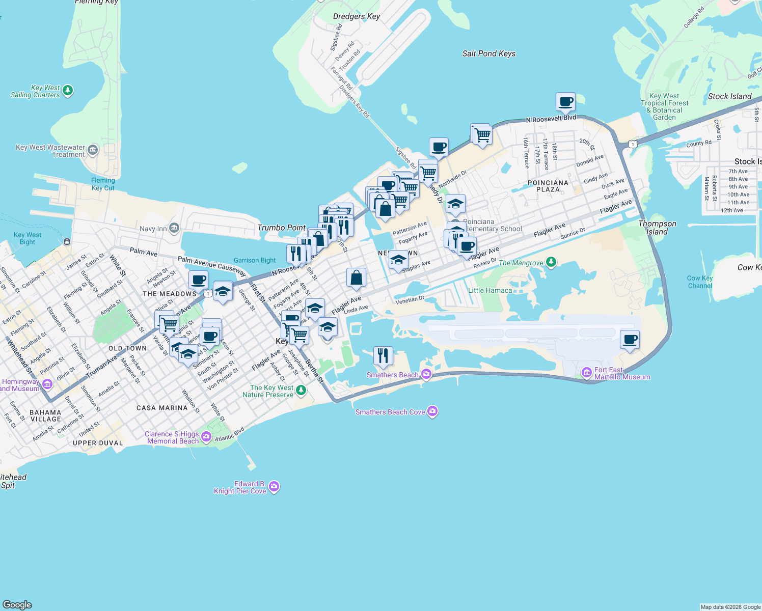 map of restaurants, bars, coffee shops, grocery stores, and more near 2516 Linda Avenue in Key West