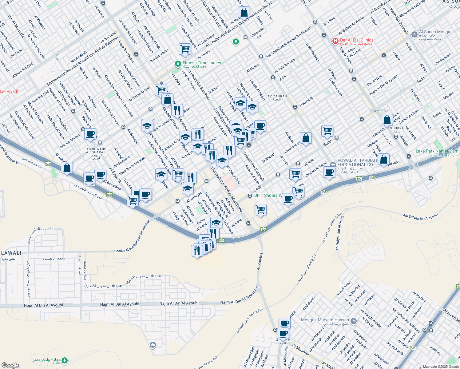map of restaurants, bars, coffee shops, grocery stores, and more near Hamzah Ibn Abd Al Mouttaleb in Riyadh