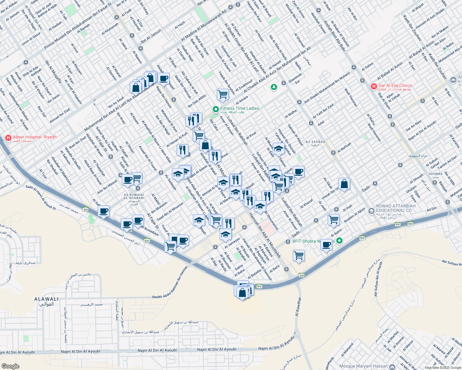 map of restaurants, bars, coffee shops, grocery stores, and more near Hamzah Ibn Abd Al Mouttaleb in Riyadh