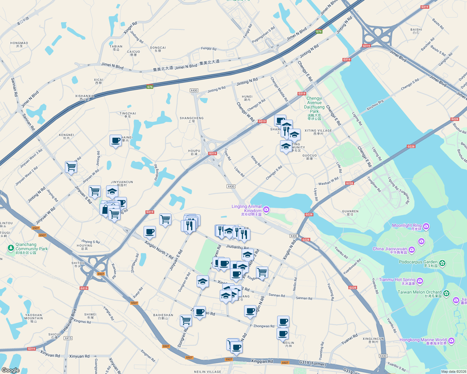 map of restaurants, bars, coffee shops, grocery stores, and more near Xing Jin Lu in Xia Men Shi