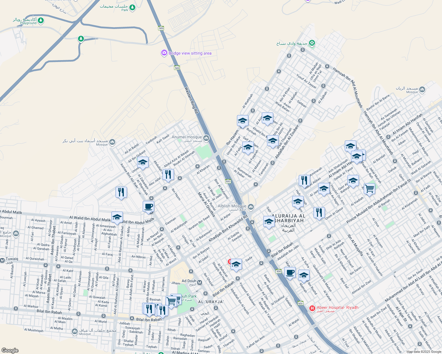 map of restaurants, bars, coffee shops, grocery stores, and more near Western Ring Branch Road in Riyadh