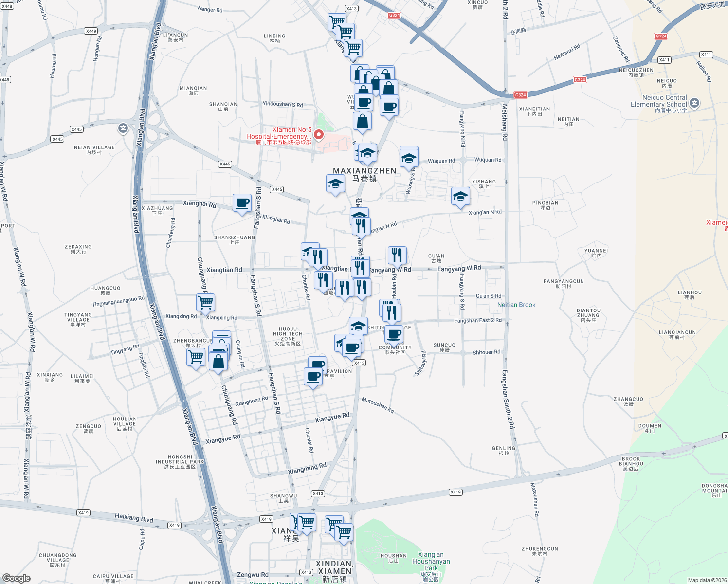 map of restaurants, bars, coffee shops, grocery stores, and more near Xiang Nan Lu in Xia Men Shi