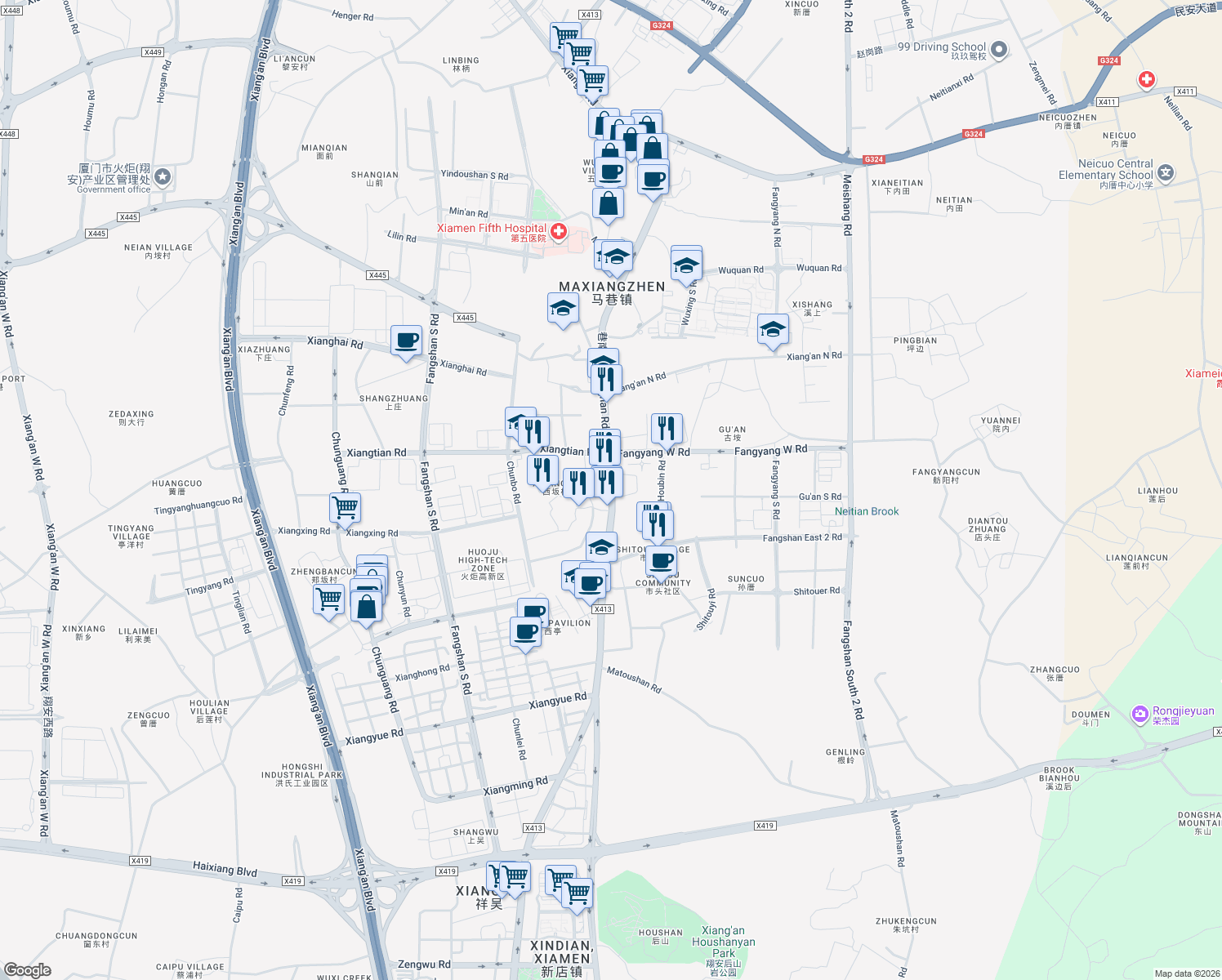 map of restaurants, bars, coffee shops, grocery stores, and more near Xiang Nan Lu in Xia Men Shi