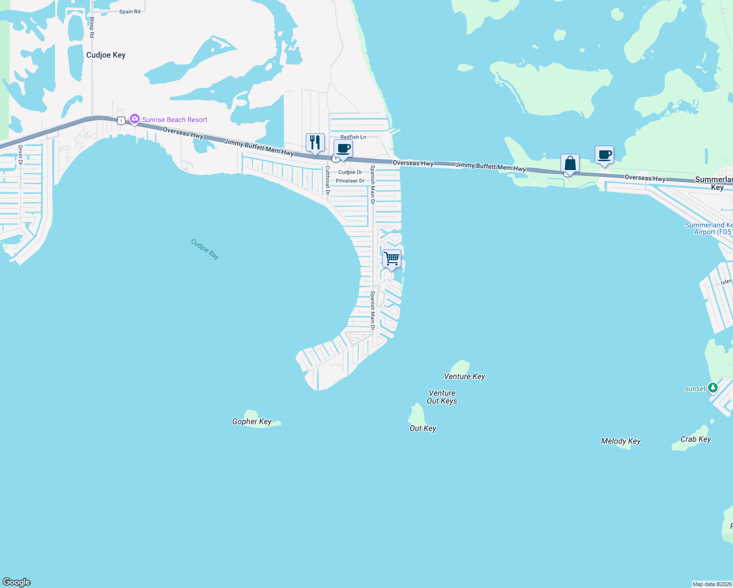 map of restaurants, bars, coffee shops, grocery stores, and more near 22948 Drake Lane in Cudjoe Key