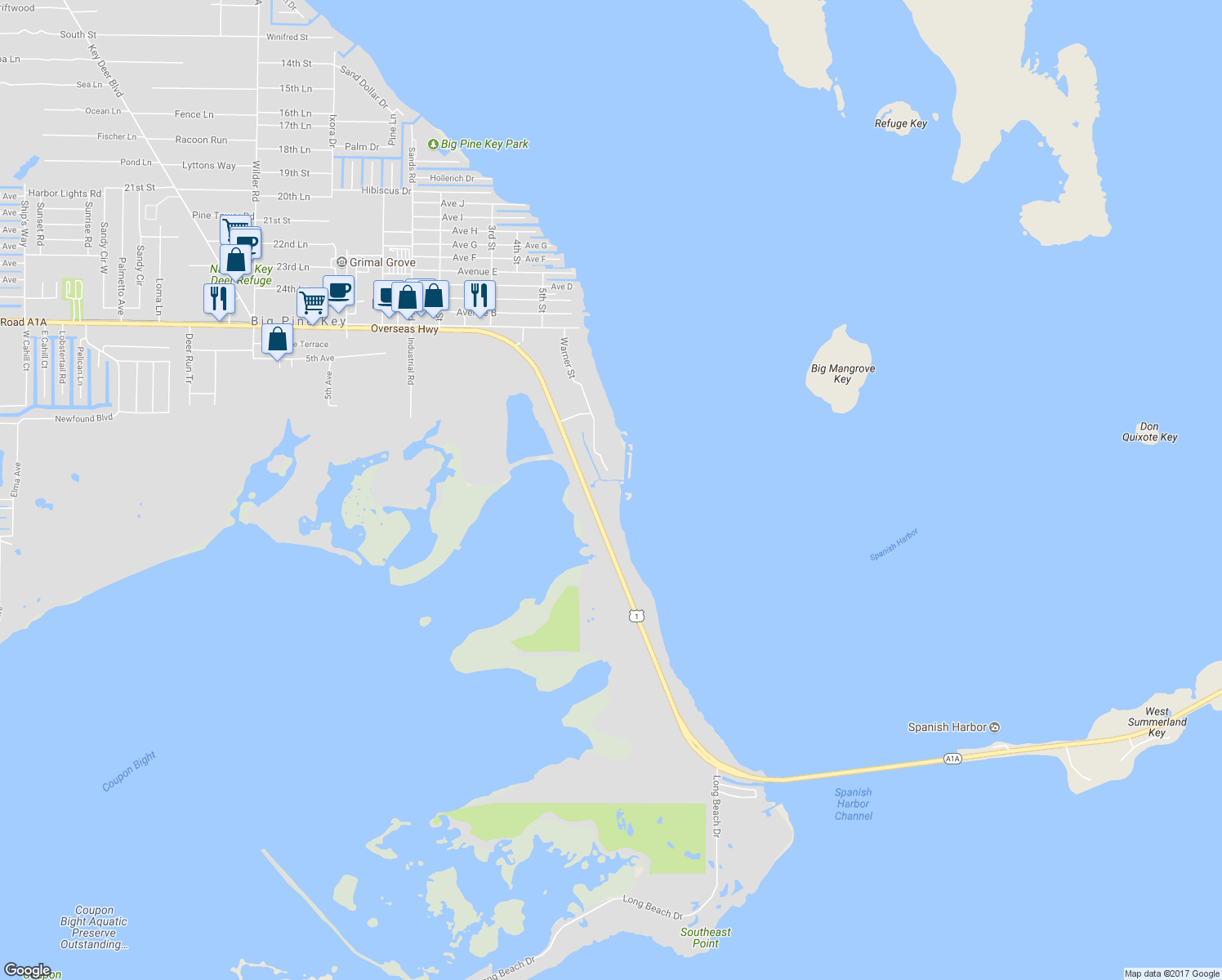 map of restaurants, bars, coffee shops, grocery stores, and more near 31875 Overseas Highway in Big Pine Key