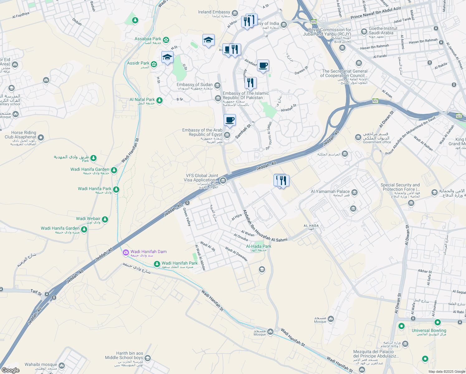 map of restaurants, bars, coffee shops, grocery stores, and more near in Riyadh