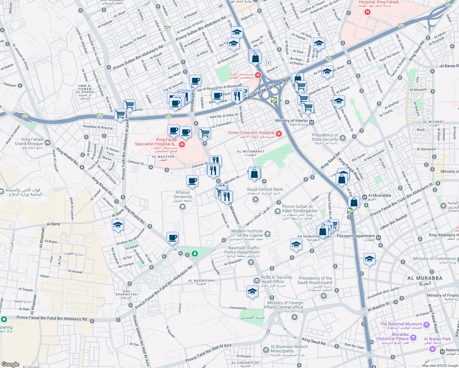 map of restaurants, bars, coffee shops, grocery stores, and more near 2 Al Takhassousi in Riyadh