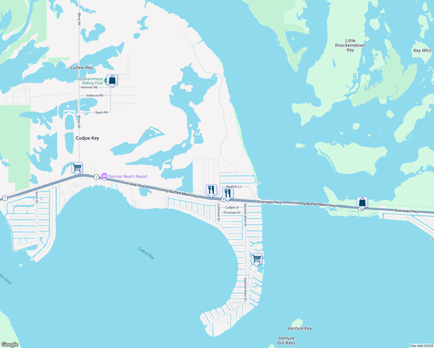 map of restaurants, bars, coffee shops, grocery stores, and more near 230 Yardarm Road in Cudjoe Key