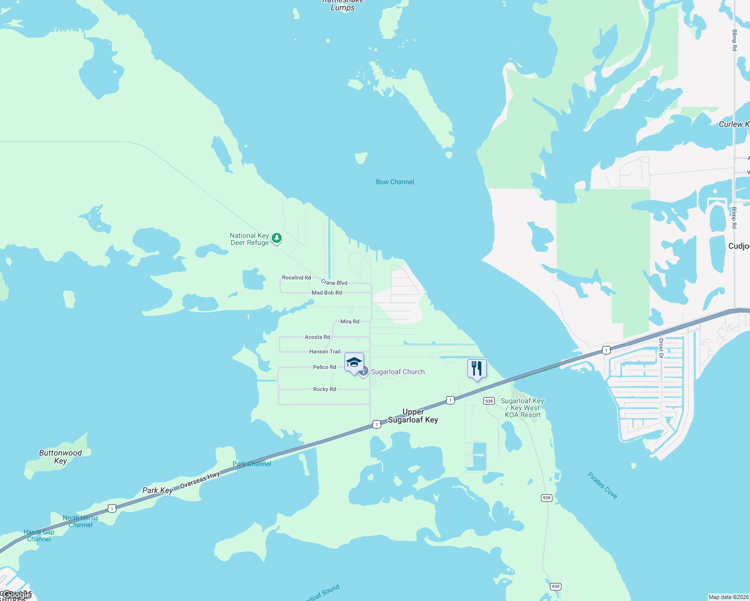 map of restaurants, bars, coffee shops, grocery stores, and more near 675 Crane Boulevard in Summerland Key