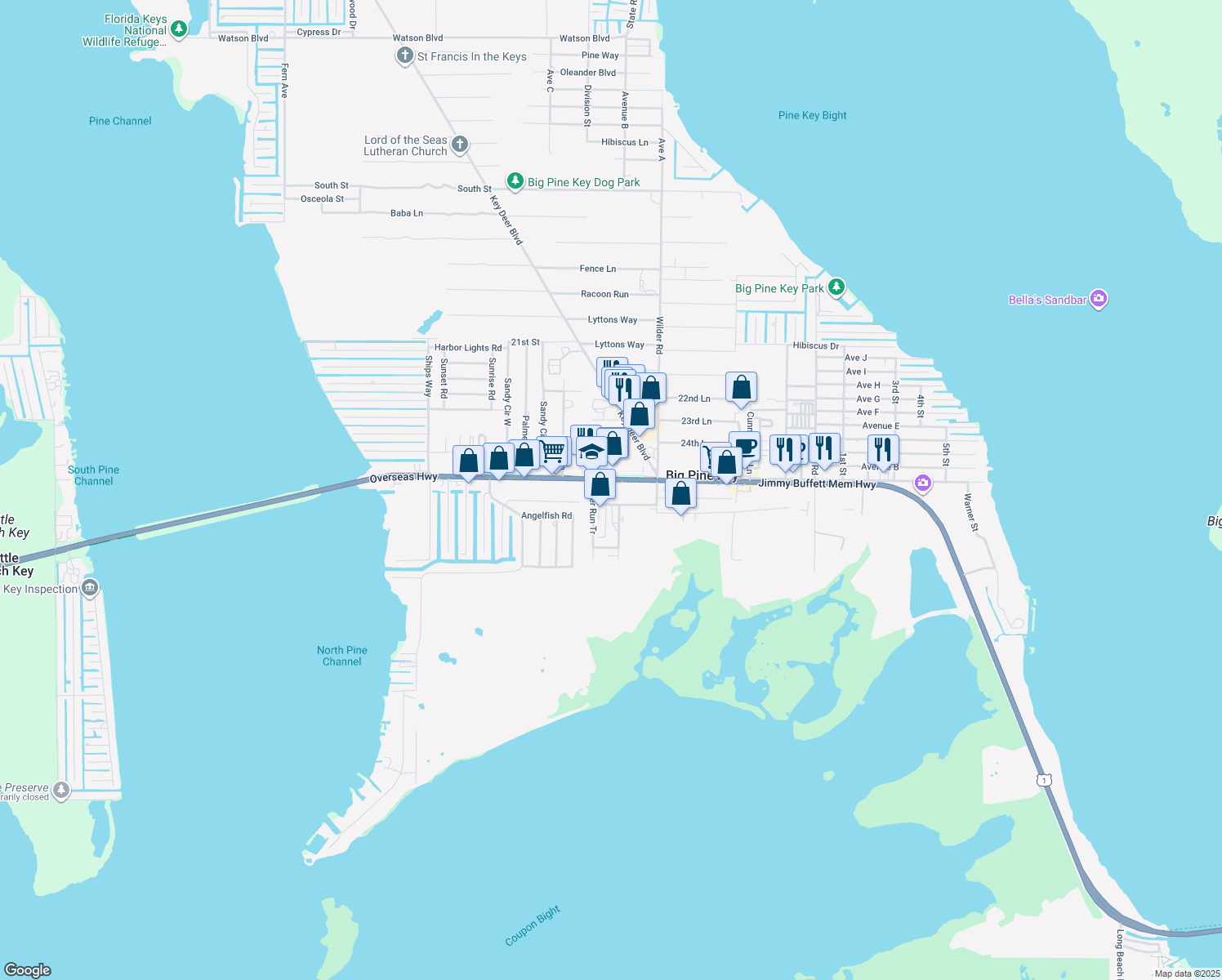 map of restaurants, bars, coffee shops, grocery stores, and more near 30300 Overseas Highway in Big Pine Key