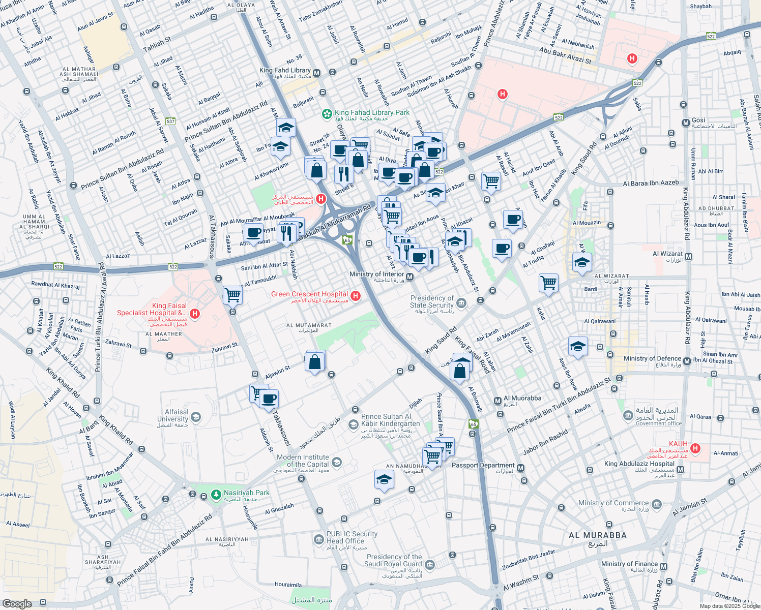 map of restaurants, bars, coffee shops, grocery stores, and more near King Fahad Branch Road in Riyadh