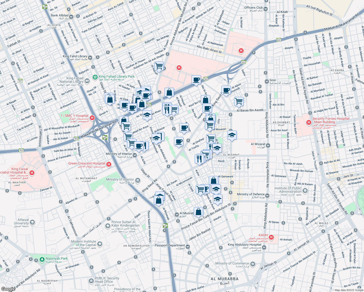 map of restaurants, bars, coffee shops, grocery stores, and more near Prince Abdulaziz Ibn Musaid Ibn Jalawi Street in Riyadh