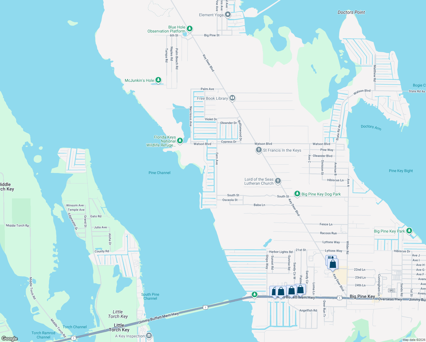 map of restaurants, bars, coffee shops, grocery stores, and more near 29180 Camas Lane in Big Pine Key