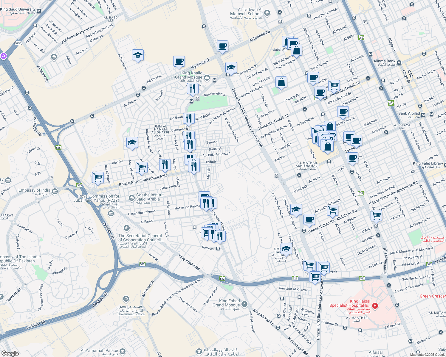 map of restaurants, bars, coffee shops, grocery stores, and more near Al Imam Saud Ibn Faisal Ibn Turki in Riyadh