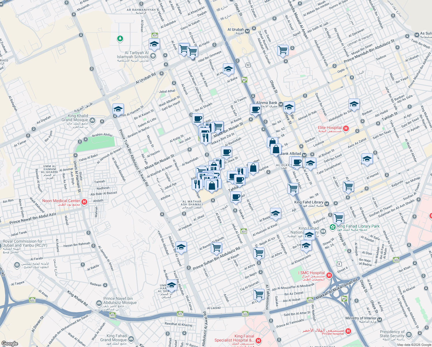 map of restaurants, bars, coffee shops, grocery stores, and more near Al Takhassousi in Riyadh