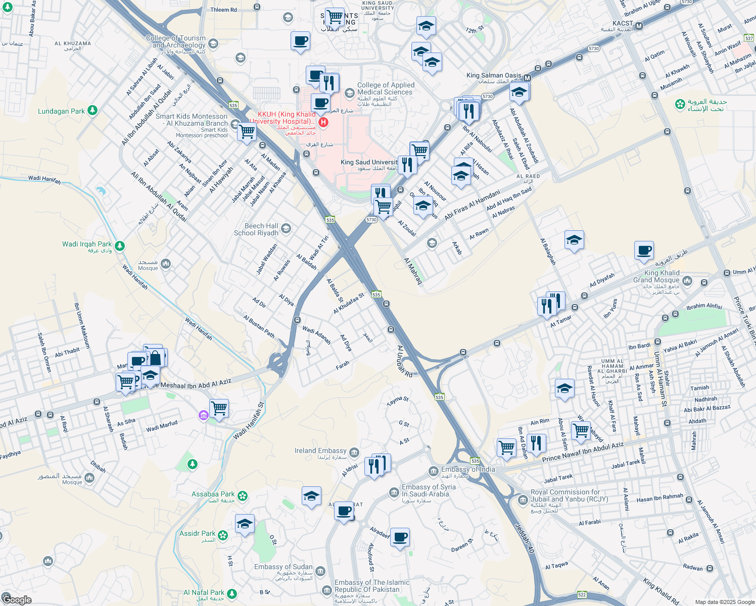 map of restaurants, bars, coffee shops, grocery stores, and more near 8059 King Khalid Road in Riyadh