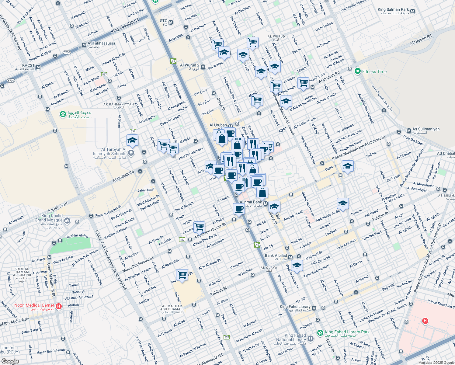 map of restaurants, bars, coffee shops, grocery stores, and more near King Fahd Road in Riyadh