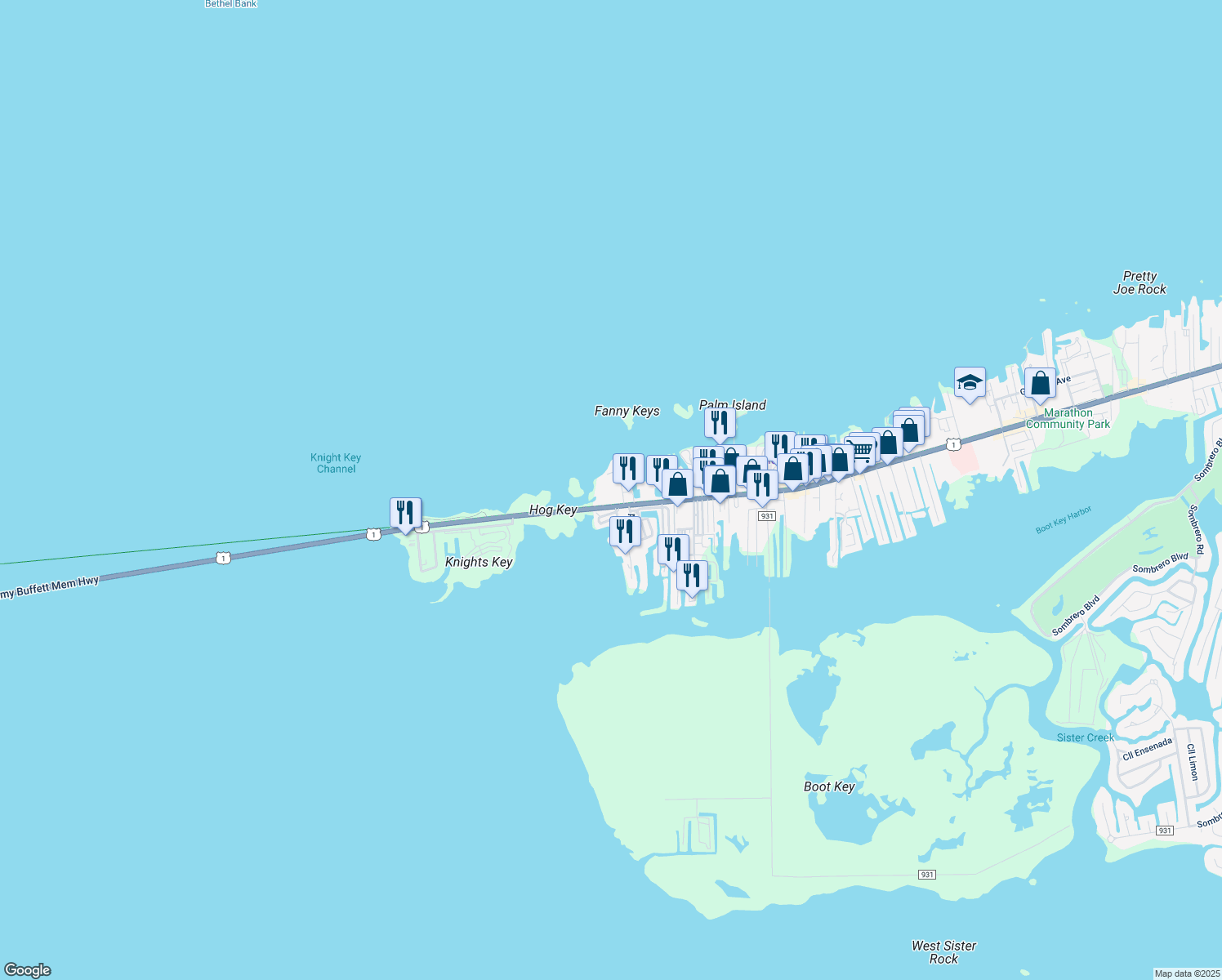 map of restaurants, bars, coffee shops, grocery stores, and more near 1100 Overseas Highway in Marathon