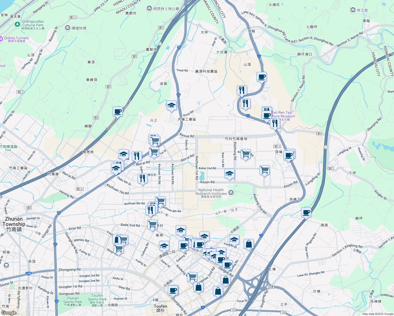 map of restaurants, bars, coffee shops, grocery stores, and more near Kezhuan 1st Road in Zhunan Township