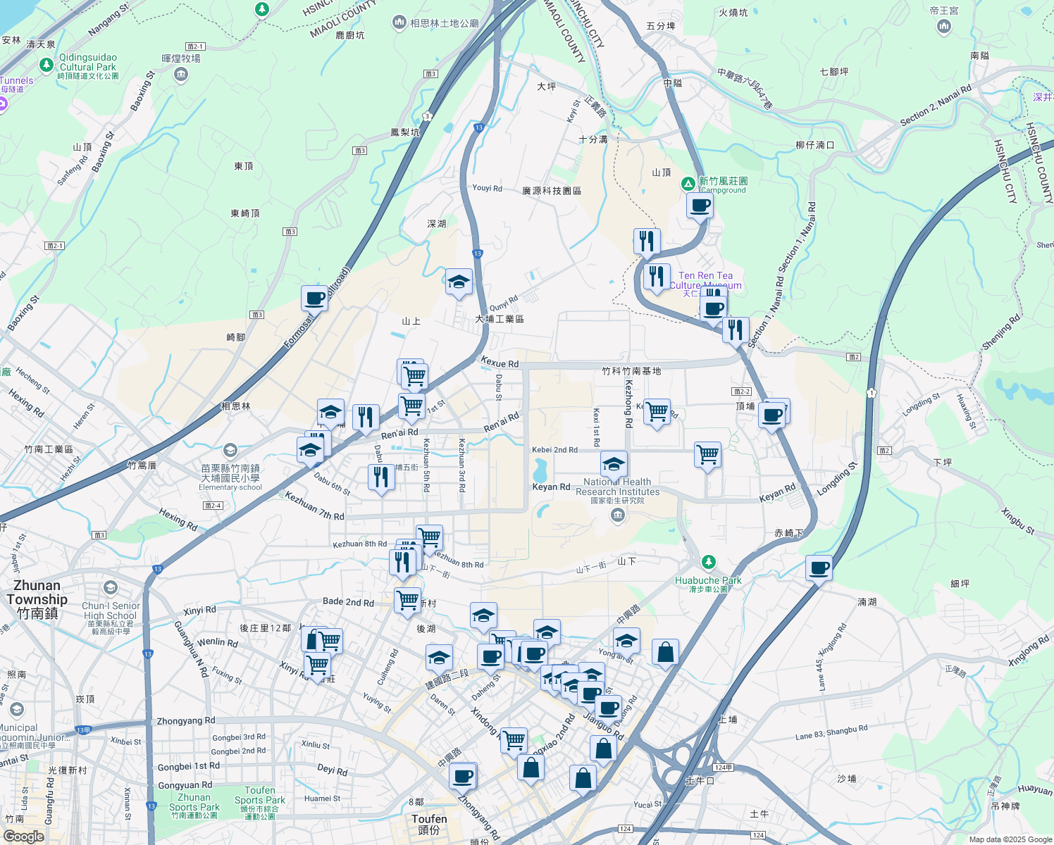 map of restaurants, bars, coffee shops, grocery stores, and more near Kezhuan 1st Road in Zhunan Township
