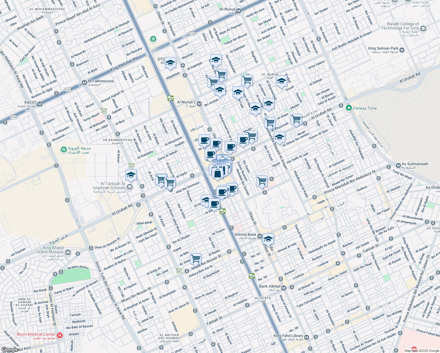 map of restaurants, bars, coffee shops, grocery stores, and more near King Fahd Road in Riyadh