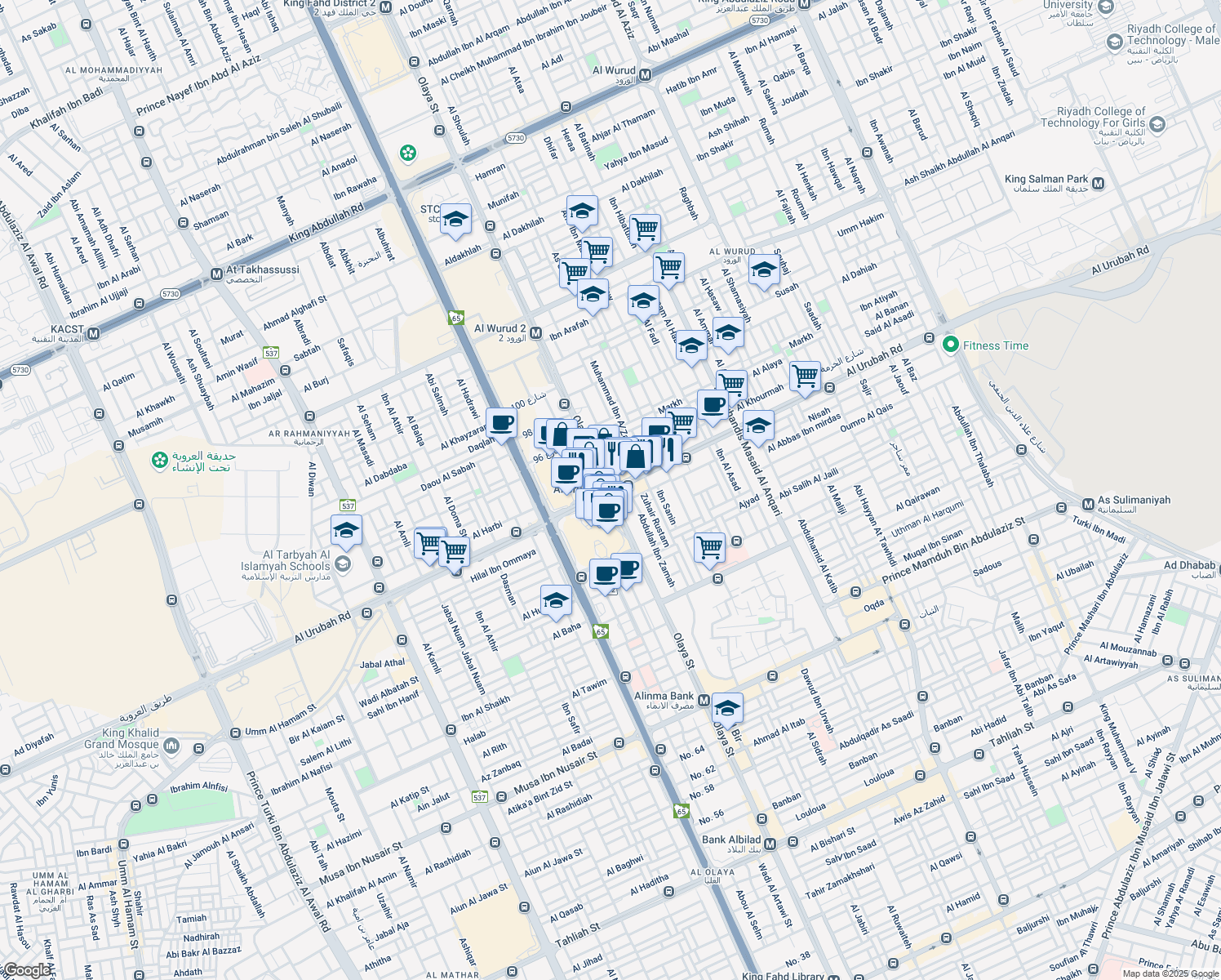 map of restaurants, bars, coffee shops, grocery stores, and more near in Riyadh