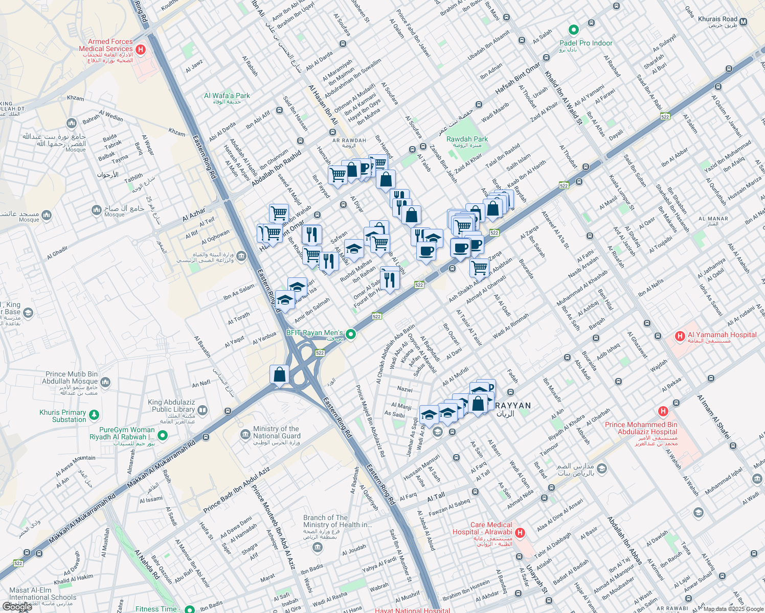 map of restaurants, bars, coffee shops, grocery stores, and more near 3319 Khurais Branch Road in Riyadh