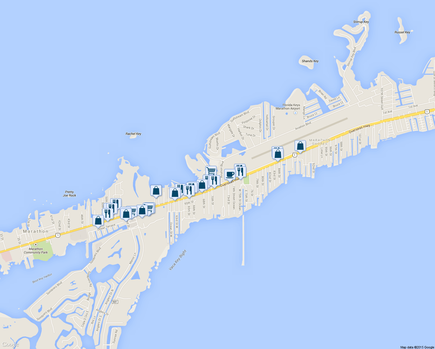 map of restaurants, bars, coffee shops, grocery stores, and more near 220 Gulf Terrace in Marathon