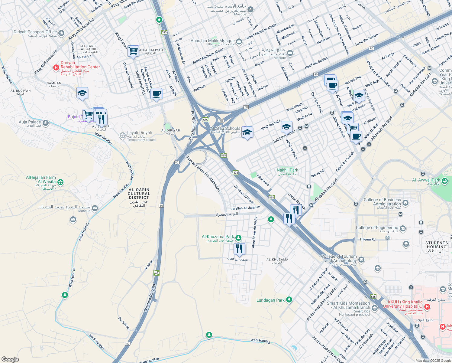 map of restaurants, bars, coffee shops, grocery stores, and more near in Riyadh