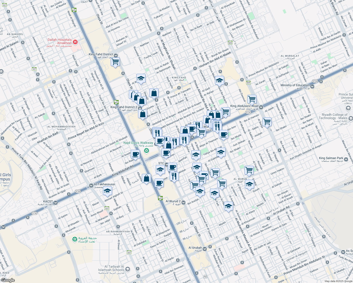 map of restaurants, bars, coffee shops, grocery stores, and more near King Abdullah Road in Riyadh