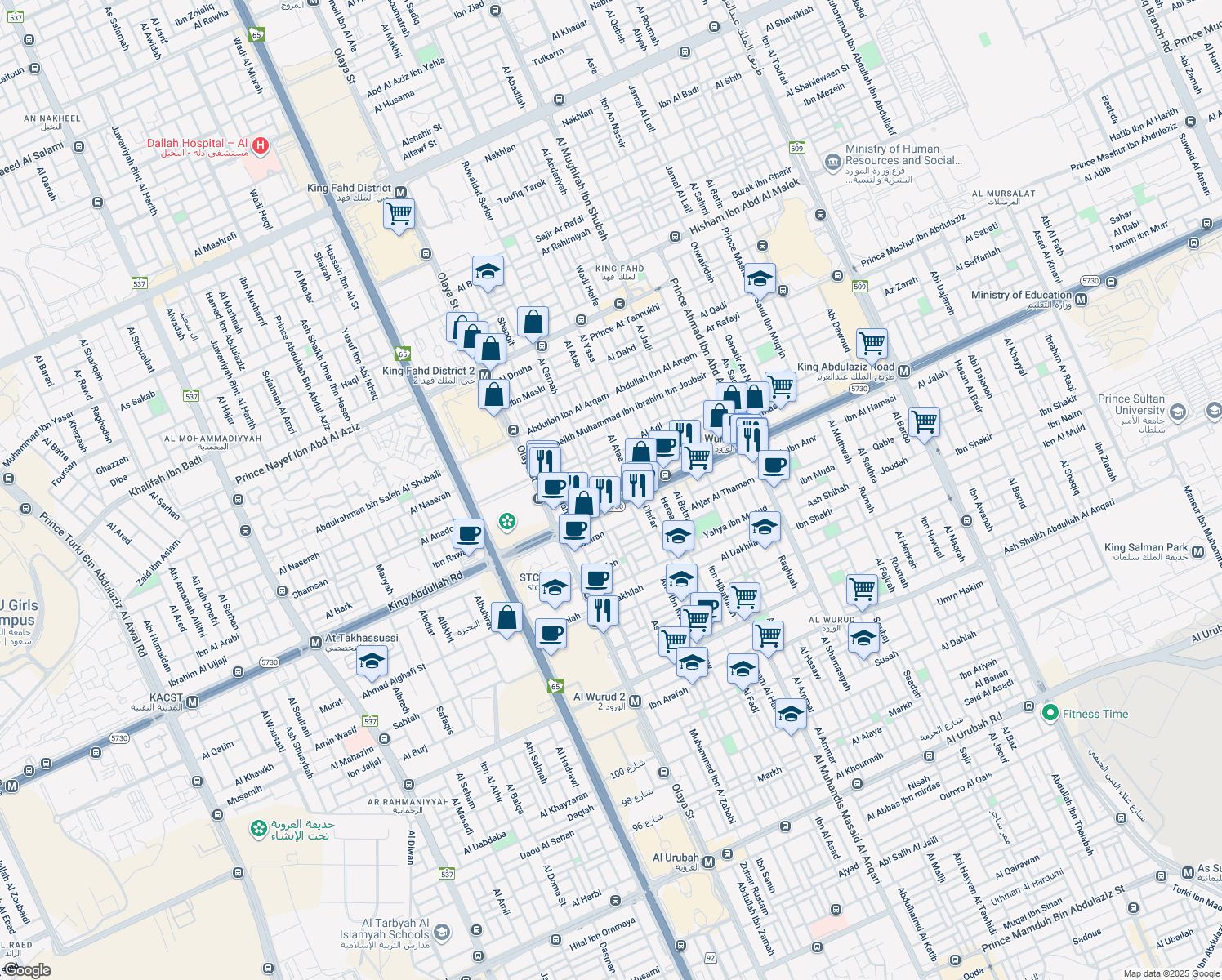 map of restaurants, bars, coffee shops, grocery stores, and more near King Abdullah Road in Riyadh