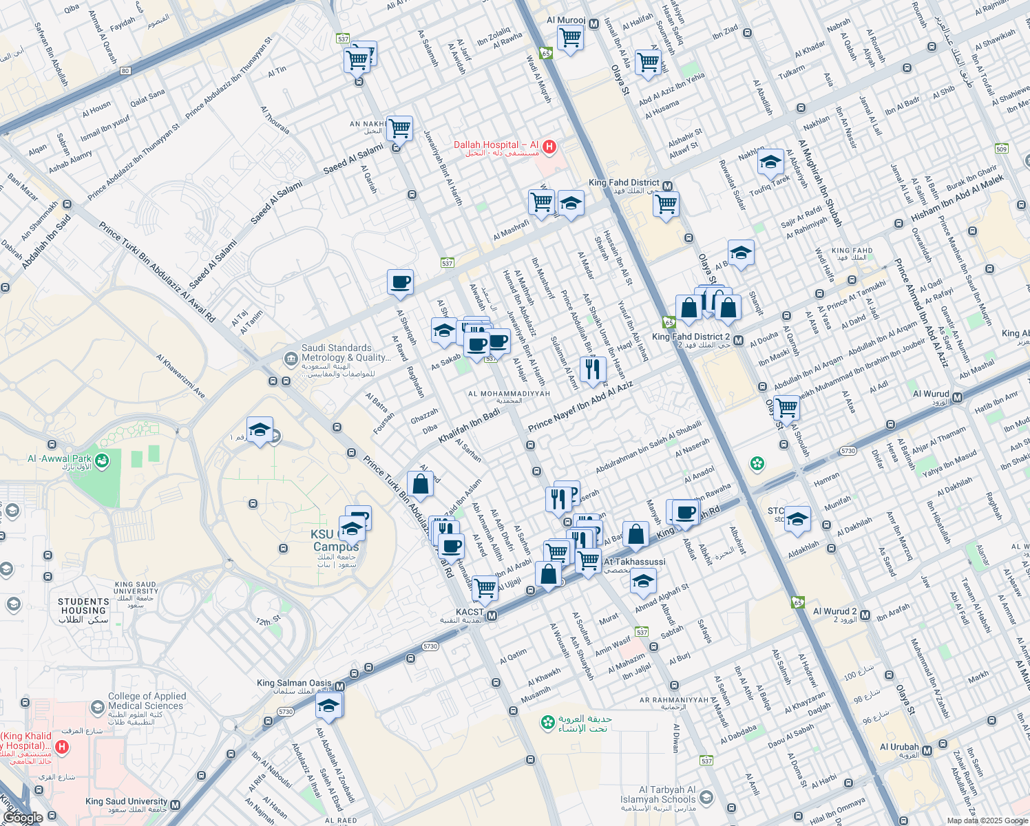 map of restaurants, bars, coffee shops, grocery stores, and more near 2 Al Takhassousi in Riyadh